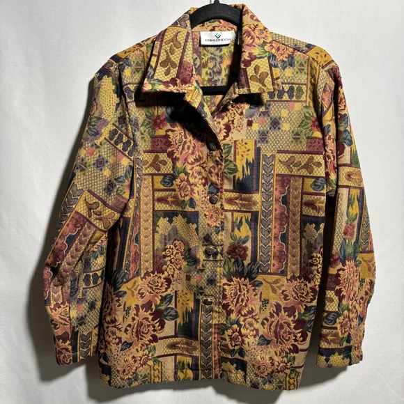 Erin London Vintage Floral Tapestry Button Down Jacket M Art Boho SEE Retro VTG - Picture 1 of 8